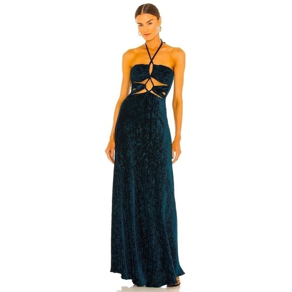 NWT PATBO Textured Velvet Lace-up Maxi Dress Prussian Green - Picture 1 of 17